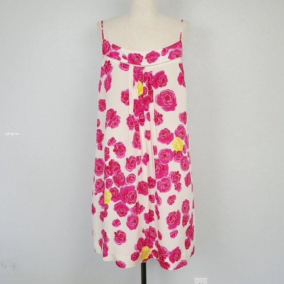 Moulinette Soeurs Dresses & Skirts - Moulinette Soeurs Pink Silk Shift Dress Floral‎ Pleated Neckline Knee Length 10